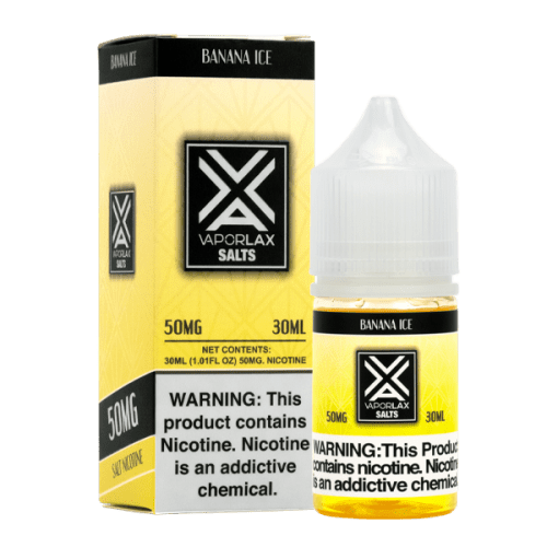 Banana Ice by VaporLax Salts is a creamy yet mentholated flavored vape juice, blended with nicotine salts